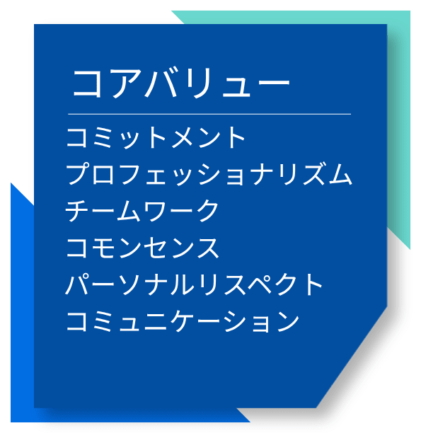 コアバリュー: コミットメント プロフェッショナリズム チームワーク コモンセンス パーソナルリスペクト コミュニケーション